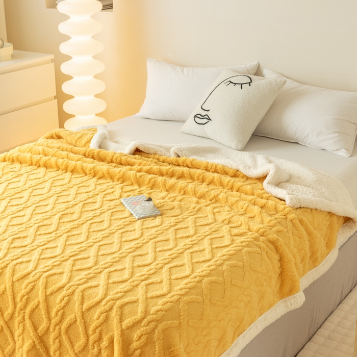 91家纺网 家纺一手货源 找家纺 梵克保罗 2024新款直播热款高克重双面绒塔芙绒羊羔绒复合提花毯子毛毯盖毯 贵族黄