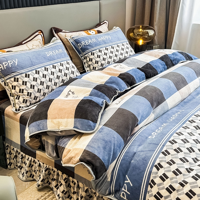 91家纺网 家纺一手货源 找家纺 欧喜璐 2023新款高克重牛奶绒四件套法莱绒金貂绒8.5斤加厚保暖-印花款 梦想格