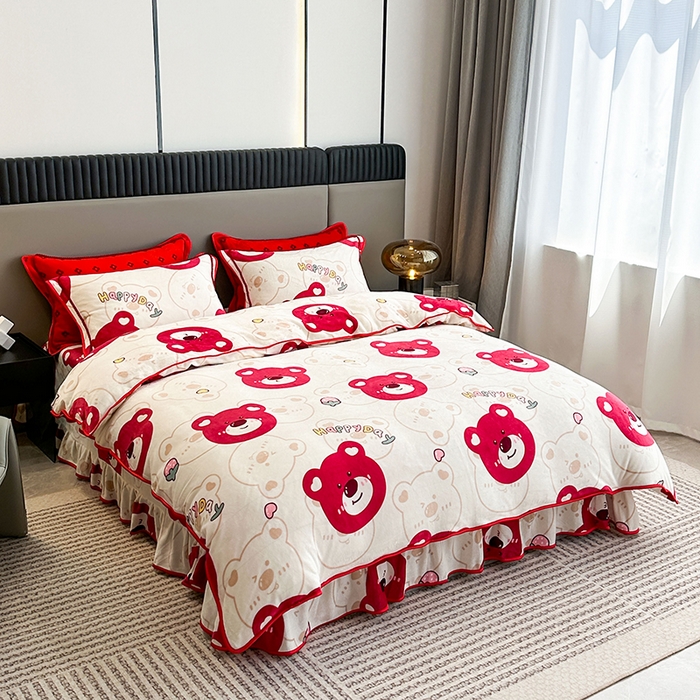 91家纺网 家纺一手货源 找家纺 欧喜璐 2023新款高克重牛奶绒四件套法莱绒金貂绒8.5斤加厚保暖-印花款 快乐熊