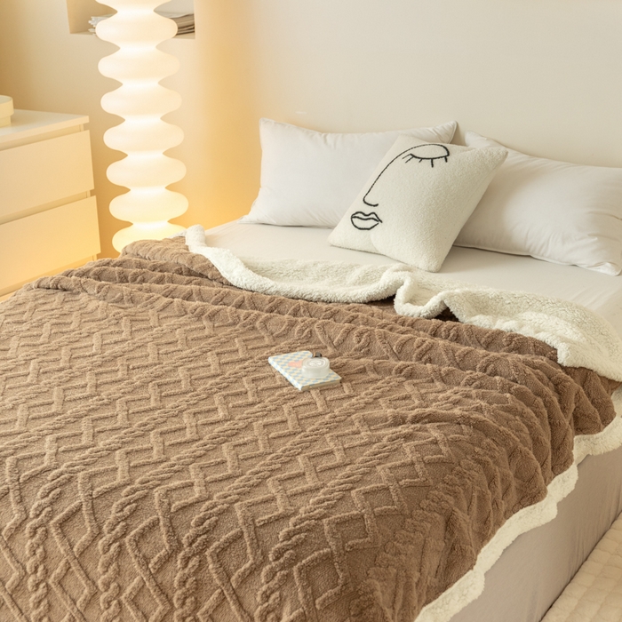 91家纺网 家纺一手货源 找家纺 梵克保罗 2024新款直播热款高克重双面绒塔芙绒羊羔绒复合提花毯子毛毯盖毯 咖啡色