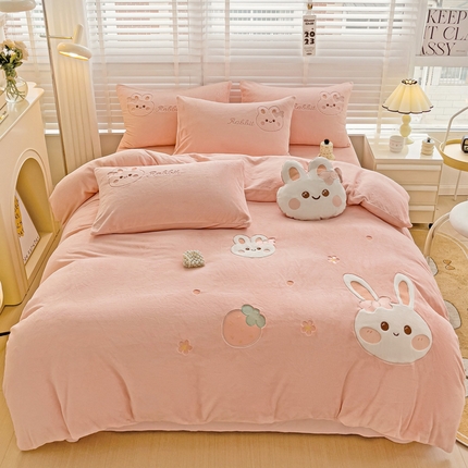 娜娜 2023新款牛奶绒毛巾绣四件套 萌萌兔系列 萌萌兔-粉色