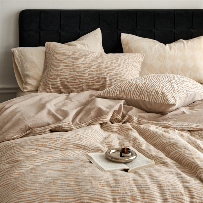 91家纺网 家纺一手货源 找家纺 安莱生活 2023新款色纺A类双层纱格纳及豹纹系列四件套 格纳