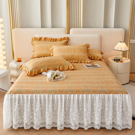 91家纺网 家纺一手货源 找家纺 宜凡家纺 2023新款全棉加厚磨印花毛床裙三件套 摩斯密码