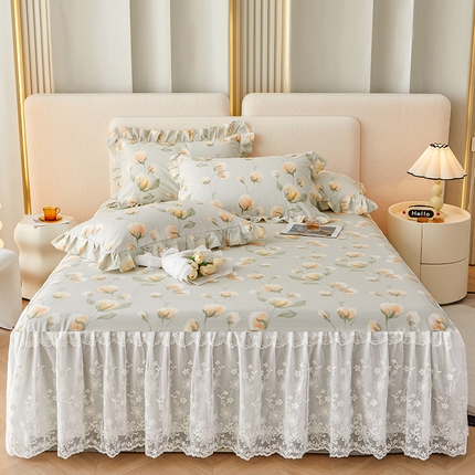 宜凡家纺 2023新款全棉加厚磨印花毛床裙三件套 棉絮
