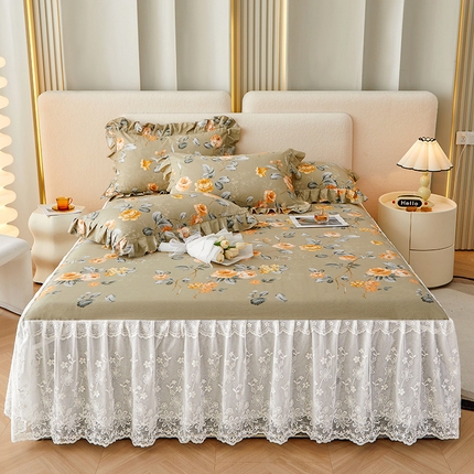 91家纺网 家纺一手货源 找家纺 宜凡家纺 2023新款全棉加厚磨印花毛床裙三件套 秋日黄