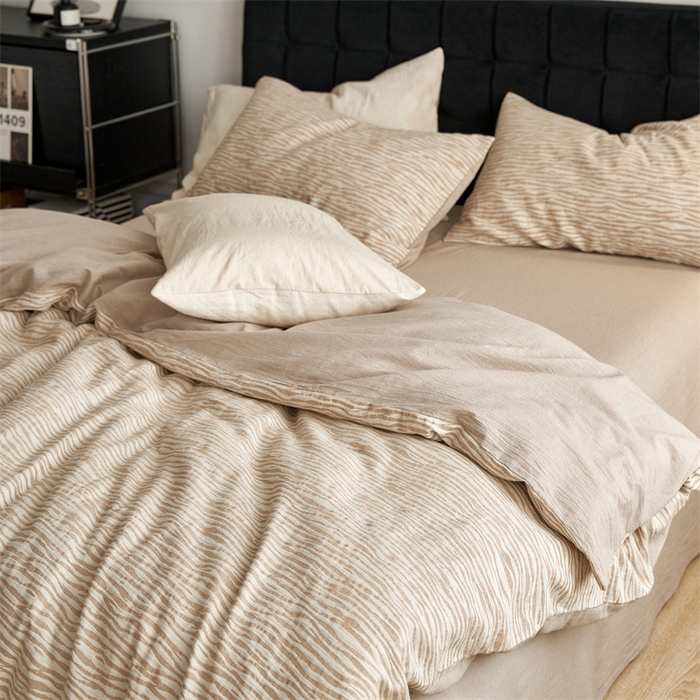 91家纺网 家纺一手货源 找家纺 安莱生活 2023新款色纺A类双层纱格纳及豹纹系列四件套 格纳