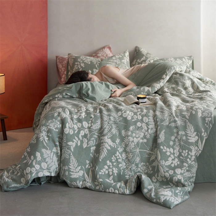 91家纺网 家纺一手货源 找家纺 安莱生活 2023新款A类空气层双层纱大提花枝繁叶茂空气层系列四件套 枝繁叶茂-草绿