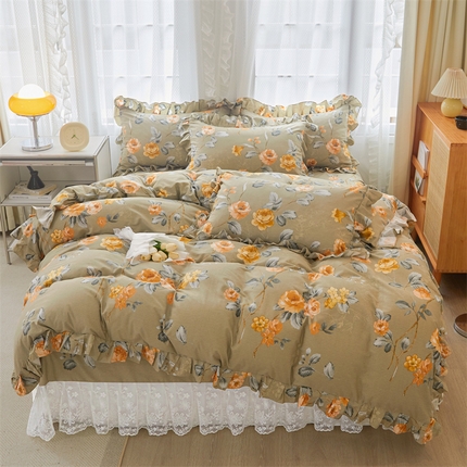 91家纺网 家纺一手货源 找家纺 宜凡家纺 2023新款全棉加厚磨毛印花床盖四件套 秋日黄