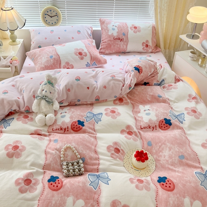 91家纺网 家纺一手货源 找家纺 昔可家纺 2023新款高克重印花牛奶绒小清新系列四件套 油画小兔