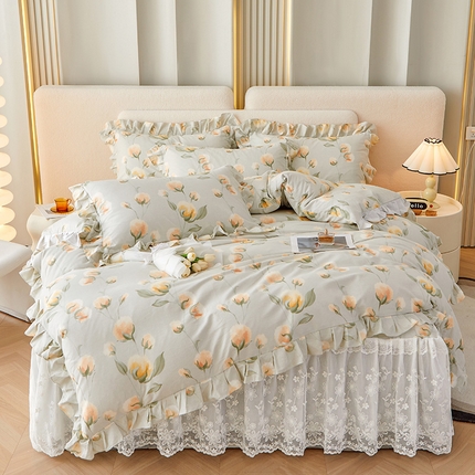 91家纺网 家纺一手货源 找家纺 宜凡家纺 2023新款全棉加厚磨印花毛床裙四件套 棉絮