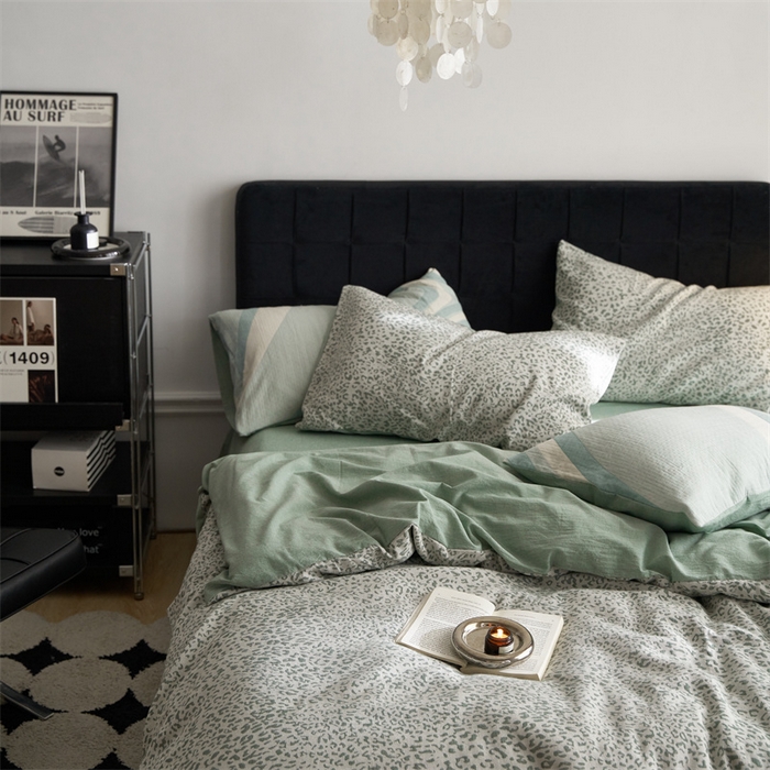 91家纺网 家纺一手货源 找家纺 （总）安莱生活 2023新款色纺A类双层纱格纳及豹纹系列四件套