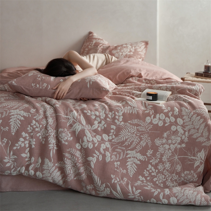 91家纺网 家纺一手货源 找家纺 安莱生活 2023新款A类空气层双层纱大提花枝繁叶茂空气层系列四件套 枝繁叶茂-暗红