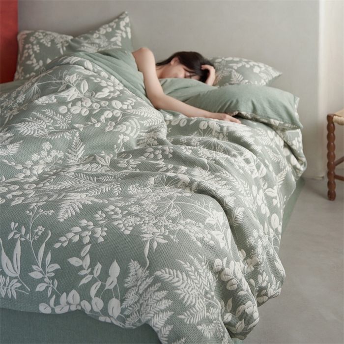 91家纺网 家纺一手货源 找家纺 安莱生活 2023新款A类空气层双层纱大提花枝繁叶茂空气层系列四件套 枝繁叶茂-草绿