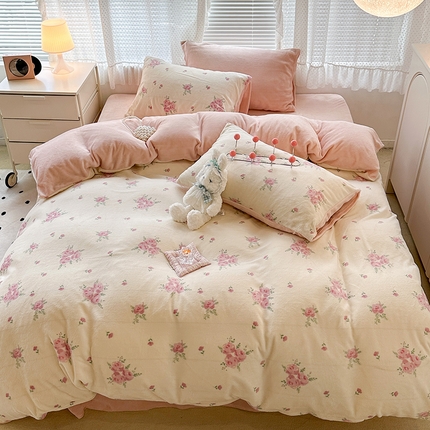 昔可家纺 2023新款高克重印花牛奶绒小清新系列四件套 午后茶花