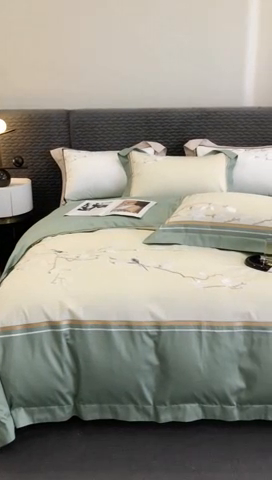 91家纺网 家纺一手货源 找家纺 沐白家居 2023长绒棉绣花四件套-花鸟山居 灰湖绿