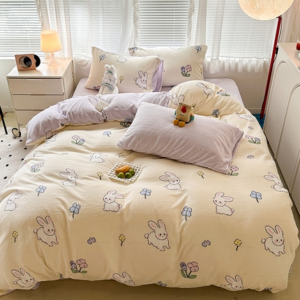 91家纺网 家纺一手货源 找家纺 （总）昔可家纺 2023新款高克重印花牛奶绒小清新系列四件套