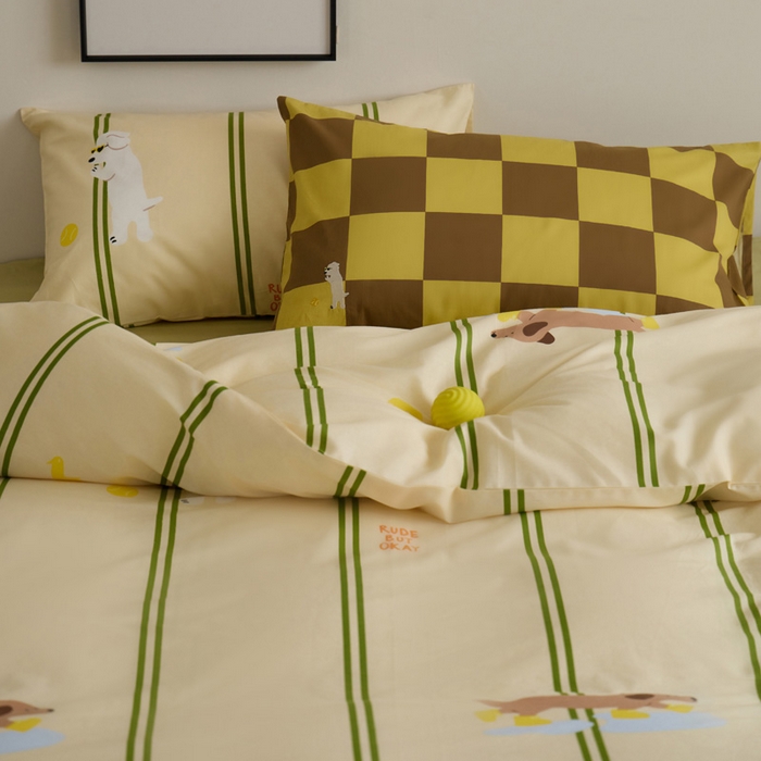 91家纺网 家纺一手货源 找家纺 雅居纺家纺 2023新款13070全棉混搭绣花款四件套 绿色条纹