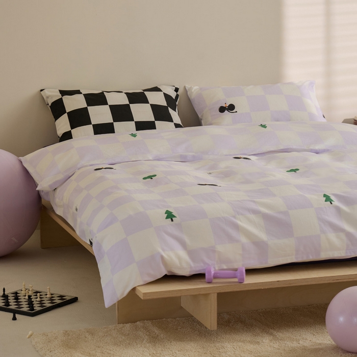 91家纺网 家纺一手货源 找家纺 雅居纺家纺 2023新款13070全棉混搭绣花款四件套 紫色方格