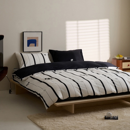 雅居纺家纺 2023新款13070全棉混搭绣花款四件套 黑白条纹