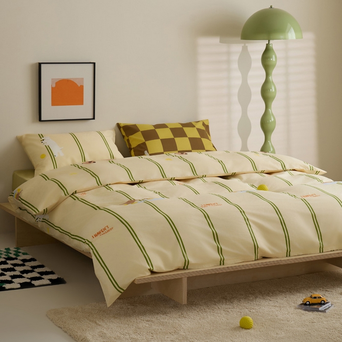 91家纺网 家纺一手货源 找家纺 雅居纺家纺 2023新款13070全棉混搭绣花款四件套 绿色条纹