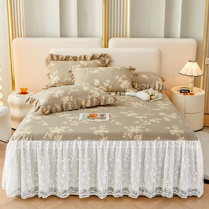 宜凡家纺 2023新款全棉加厚磨印花毛床裙三件套 疏花影