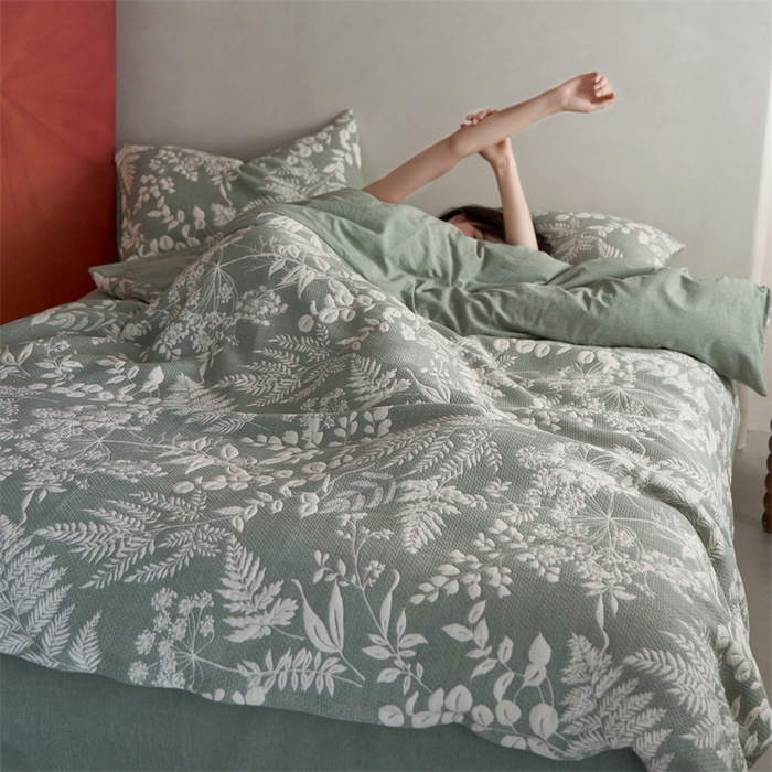 91家纺网 家纺一手货源 找家纺 安莱生活 2023新款A类空气层双层纱大提花枝繁叶茂空气层系列四件套 枝繁叶茂-草绿