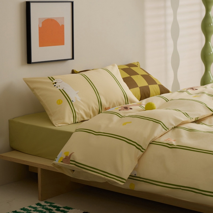 91家纺网 家纺一手货源 找家纺 雅居纺家纺 2023新款13070全棉混搭绣花款四件套 绿色条纹