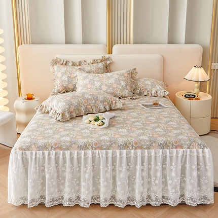 宜凡家纺 2023新款全棉加厚磨印花毛床裙三件套 安塔