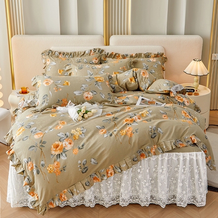 宜凡家纺 2023新款全棉加厚磨印花毛床裙四件套 秋日黄