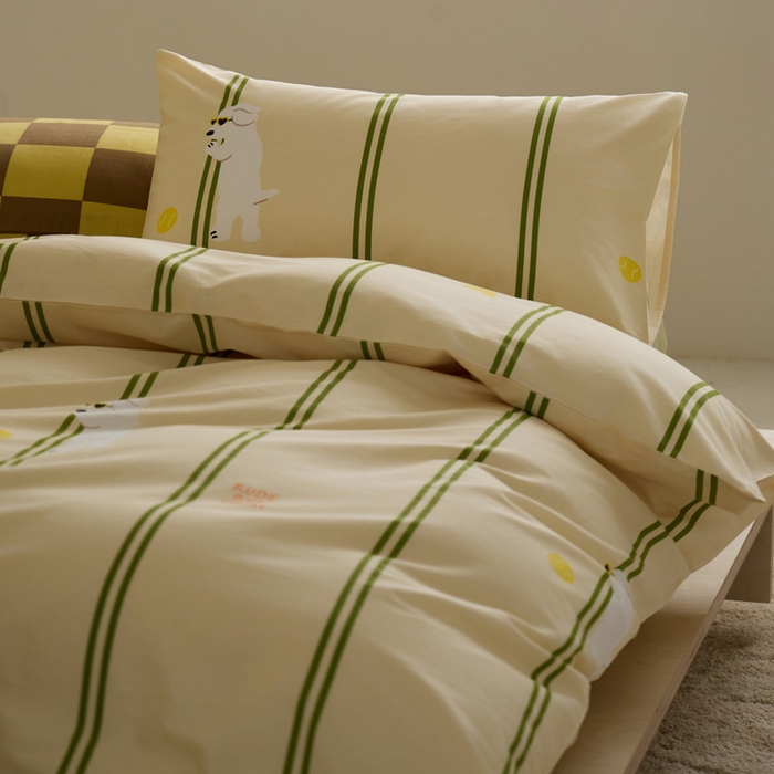 91家纺网 家纺一手货源 找家纺 雅居纺家纺 2023新款13070全棉混搭绣花款四件套 绿色条纹