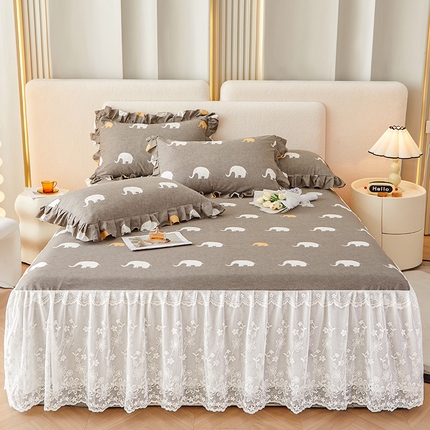 宜凡家纺 2023新款全棉加厚磨印花毛床裙三件套 印象