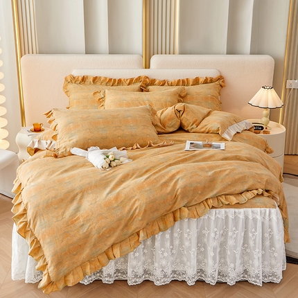 91家纺网 家纺一手货源 找家纺 宜凡家纺 2023新款全棉加厚磨印花毛床裙四件套 摩斯密码