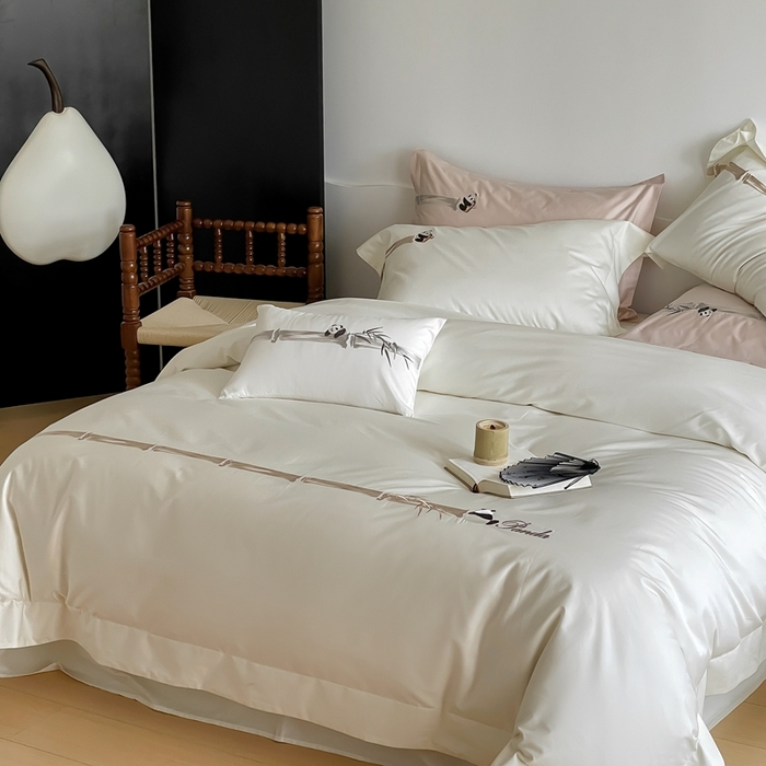 91家纺网 家纺一手货源 找家纺 沐白家居 2023长绒棉绣花四件套-奶熊起司 米白