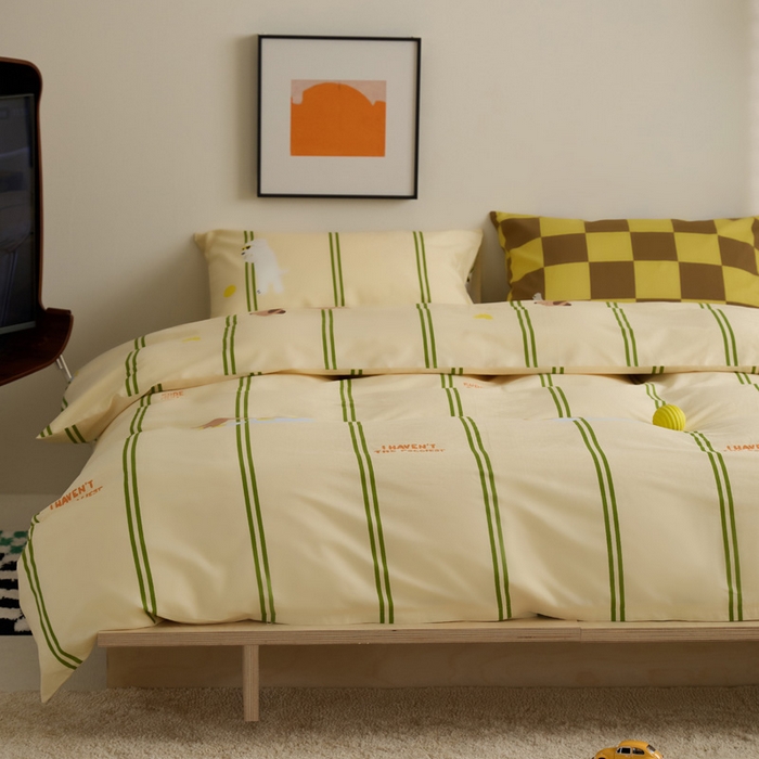 91家纺网 家纺一手货源 找家纺 雅居纺家纺 2023新款13070全棉混搭绣花款四件套 绿色条纹