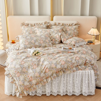 91家纺网 家纺一手货源 找家纺 宜凡家纺 2023新款全棉加厚磨印花毛床裙四件套 安塔