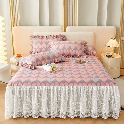 宜凡家纺 2023新款全棉加厚磨印花毛床裙三件套 红桃A