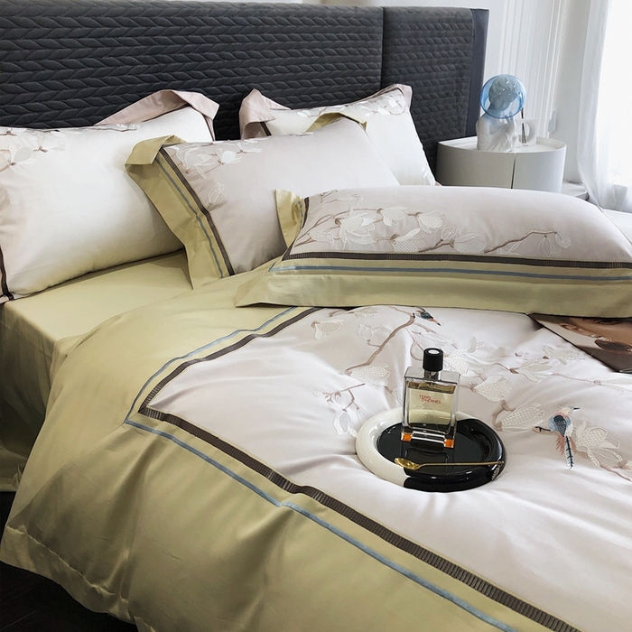 91家纺网 家纺一手货源 找家纺 沐白家居 2023长绒棉绣花四件套-花鸟山居 香草绿