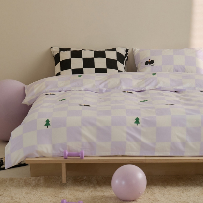 91家纺网 家纺一手货源 找家纺 雅居纺家纺 2023新款13070全棉混搭绣花款四件套 紫色方格