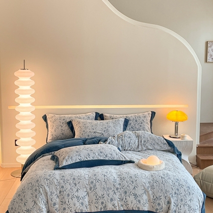 漫调家纺 2023新款真牛奶绒着色印花立体浮雕四件套 月光蓝