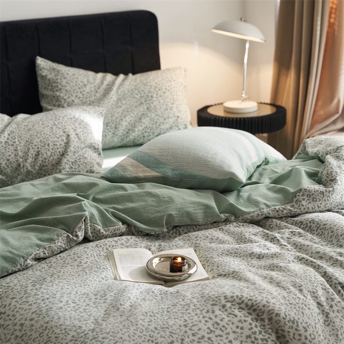 91家纺网 家纺一手货源 找家纺 安莱生活 2023新款色纺A类双层纱格纳及豹纹系列四件套 豹纹