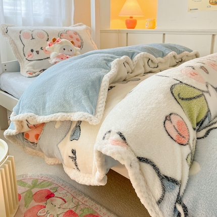 91家纺网 家纺一手货源 找家纺 川悦生活 2023新款立体雪花绒宽边学生床三件套四件套 宽边少女小兔