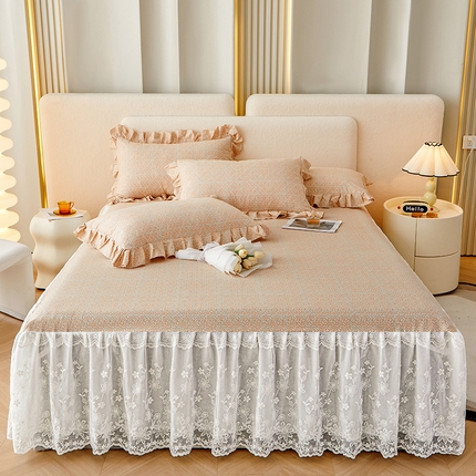 宜凡家纺 2023新款全棉加厚磨印花毛床裙三件套 班纳