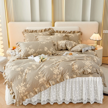 91家纺网 家纺一手货源 找家纺 宜凡家纺 2023新款全棉加厚磨印花毛床裙四件套 疏花影