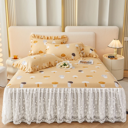 宜凡家纺 2023新款全棉加厚磨印花毛床裙三件套 蘑菇顶顶