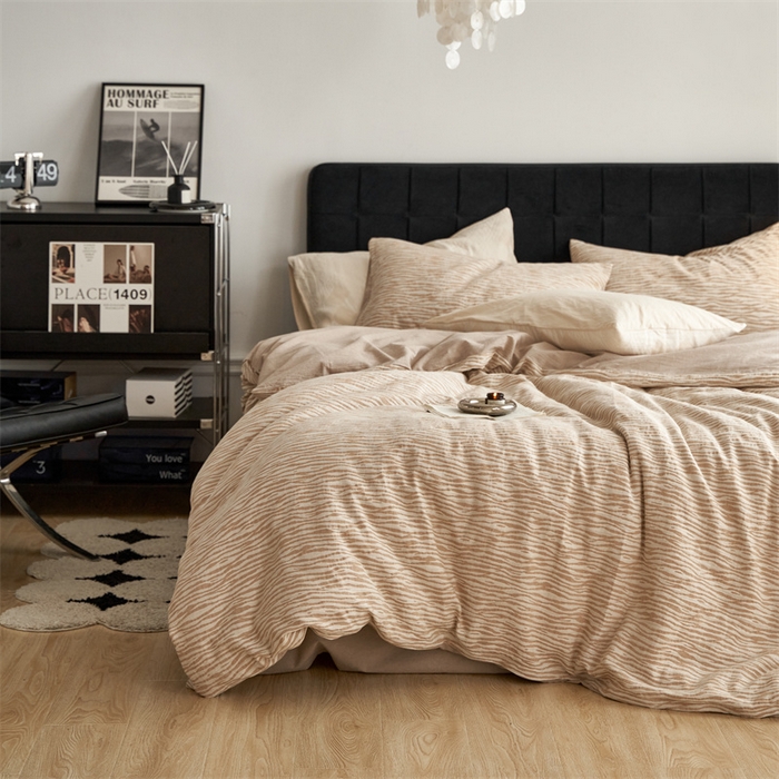 91家纺网 家纺一手货源 找家纺 安莱生活 2023新款色纺A类双层纱格纳及豹纹系列四件套 格纳