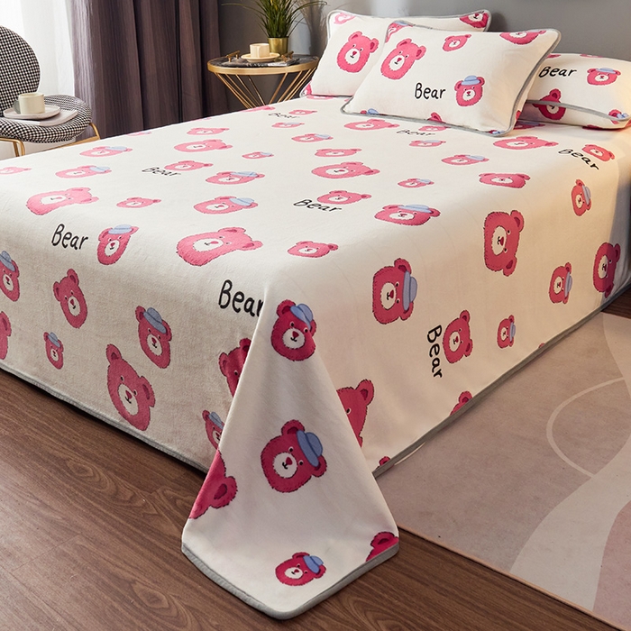 91家纺网 家纺一手货源 找家纺 全季家居 2023新款纯色印花高克重抗静电包边牛奶绒床单-印花 粉熊派