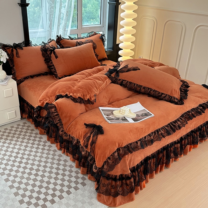 91家纺网 家纺一手货源 找家纺 言熙居 2024新款直播爆款8.5斤法莱绒牛奶绒纯色韩版小清新蕾丝四件套 蕾丝款-深桔