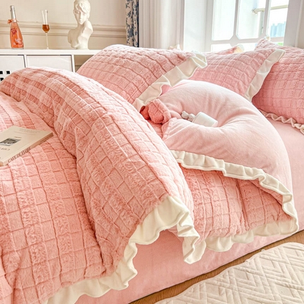 米莱家纺 2023新款兔绒四件套 方格-粉色