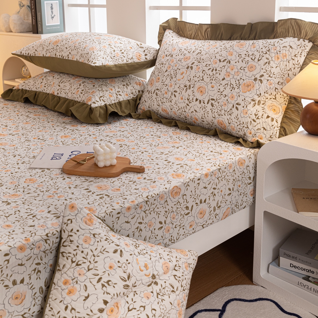 91家纺网 家纺一手货源 找家纺 紫碧螺家纺 2023新款暗提花水洗棉麻绗绣款双面印花床笠 繁花