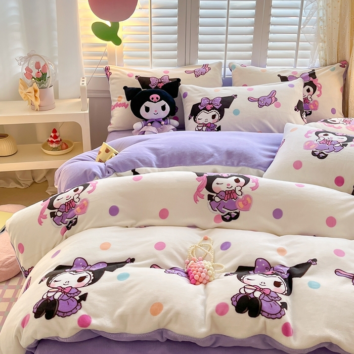 91家纺网 家纺一手货源 找家纺 星座 2025三丽鸥牛奶绒四件套 波点库洛米